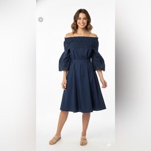 Derek Lam 10 Crosby Everett Navy Blue Eyelet Off the Shoulder Cotton Dress Belt